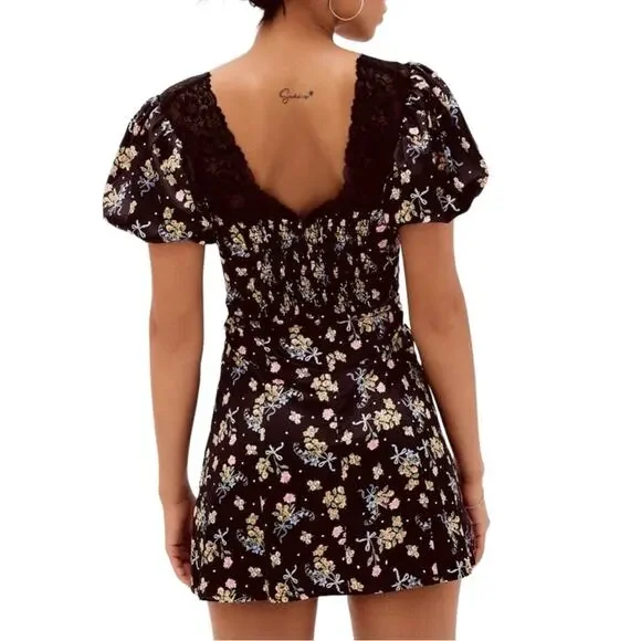 For Love & Lemons August Black Floral Satin Fit And Flare Mini Dress LARGE  Mini